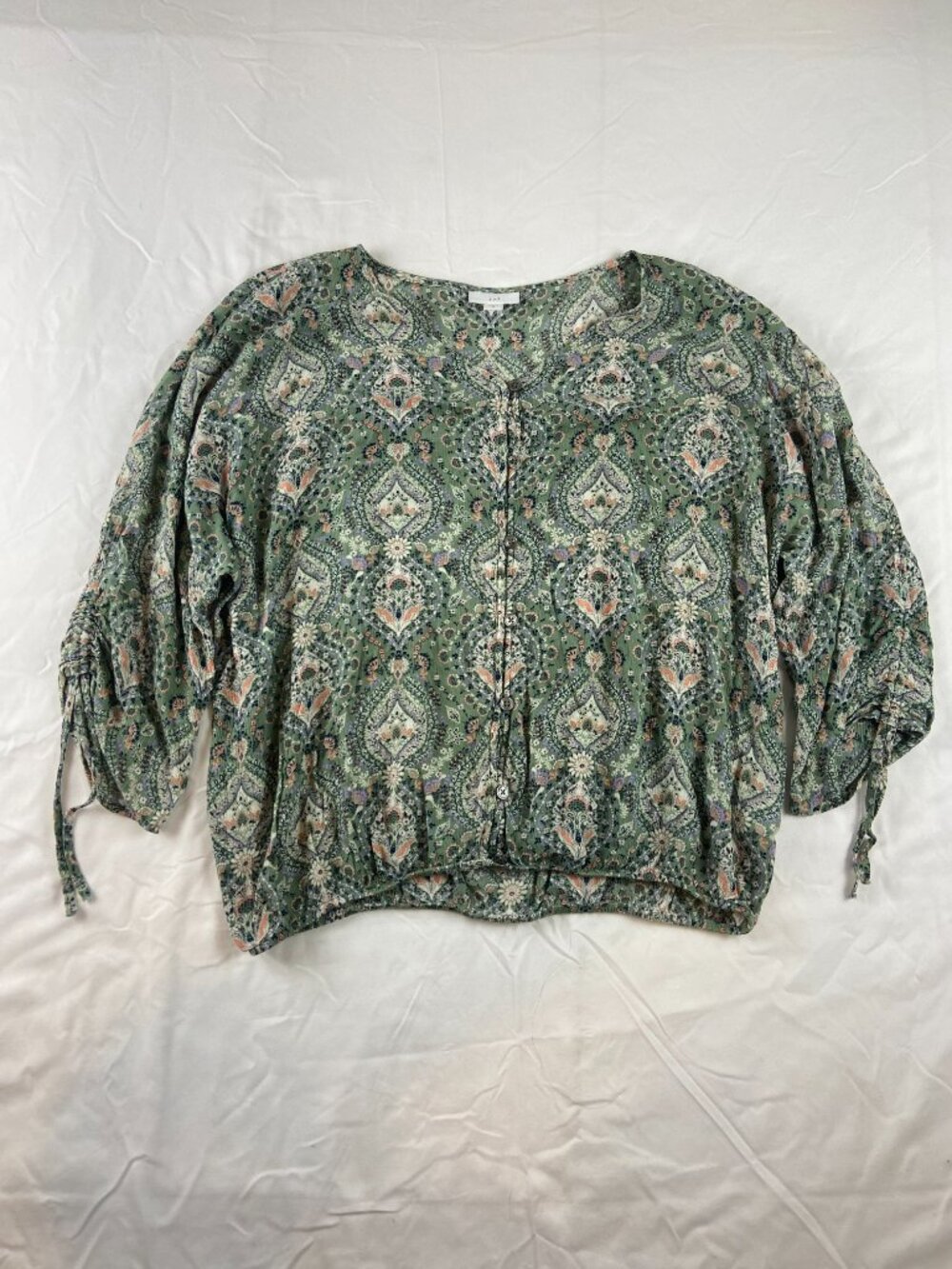 J. Jill Crinkled Button-Front Top | Floral Paisley | Size Medium | Sage Green | - Picture 3 of 10